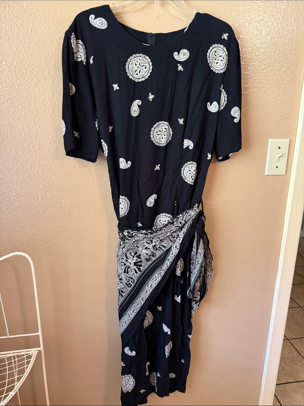 Casual Corner Black Midi Dress with White Paisley Accents and Side Tie